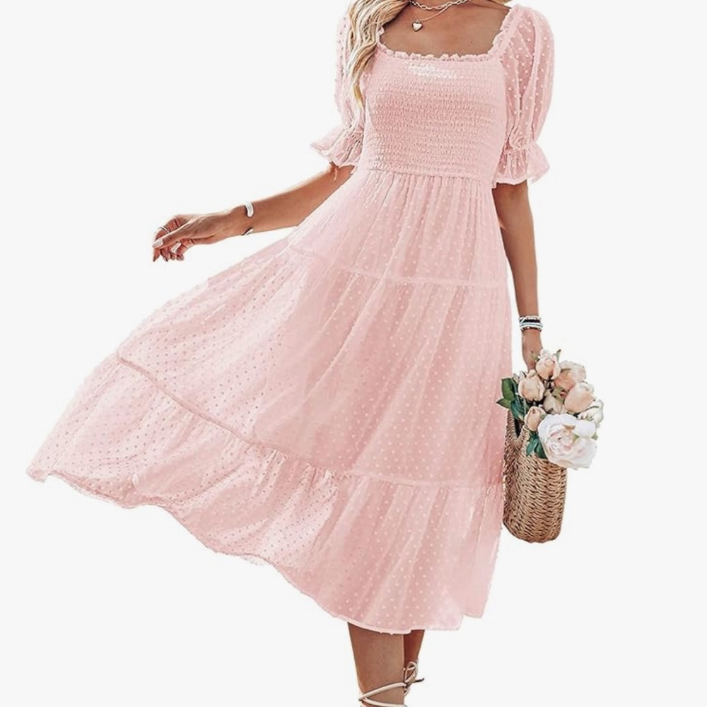 Elegant Pink Maxi Dress with Puff Sleeves and Square Neck